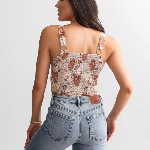 Floral Lace-Up Crop Top - Brown and Cream - Picture 3 of 6